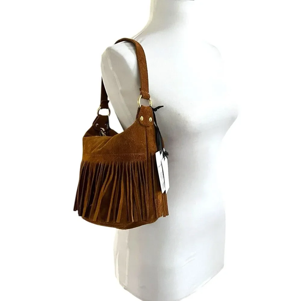 NWT Marlon Italy Suede Leather Fringe Hobo Bag Brown Western Cowgirl Festival
